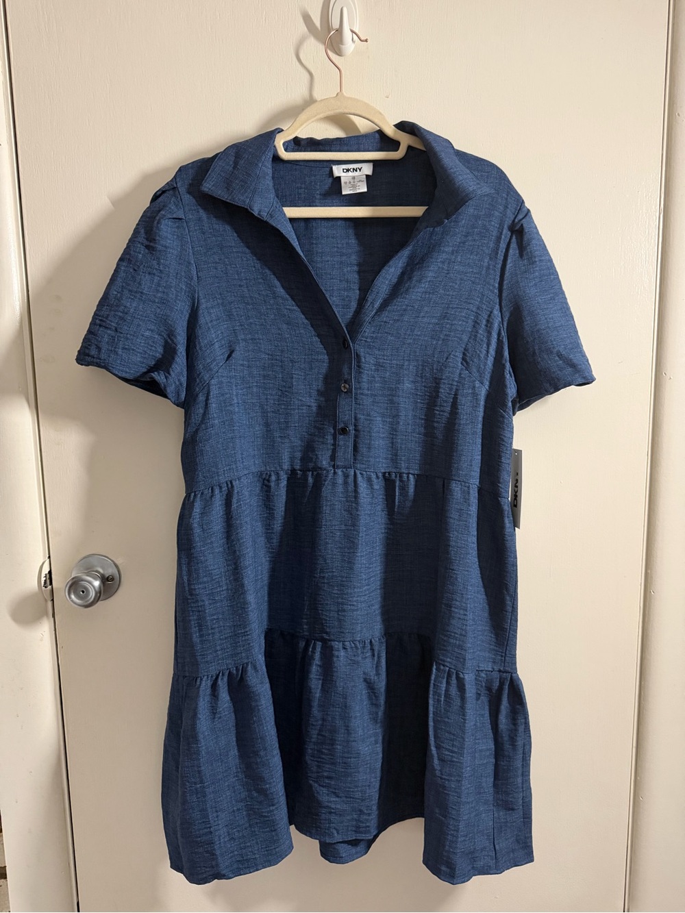 DKNY Short Sleeve Tiered Button-Front Minidress